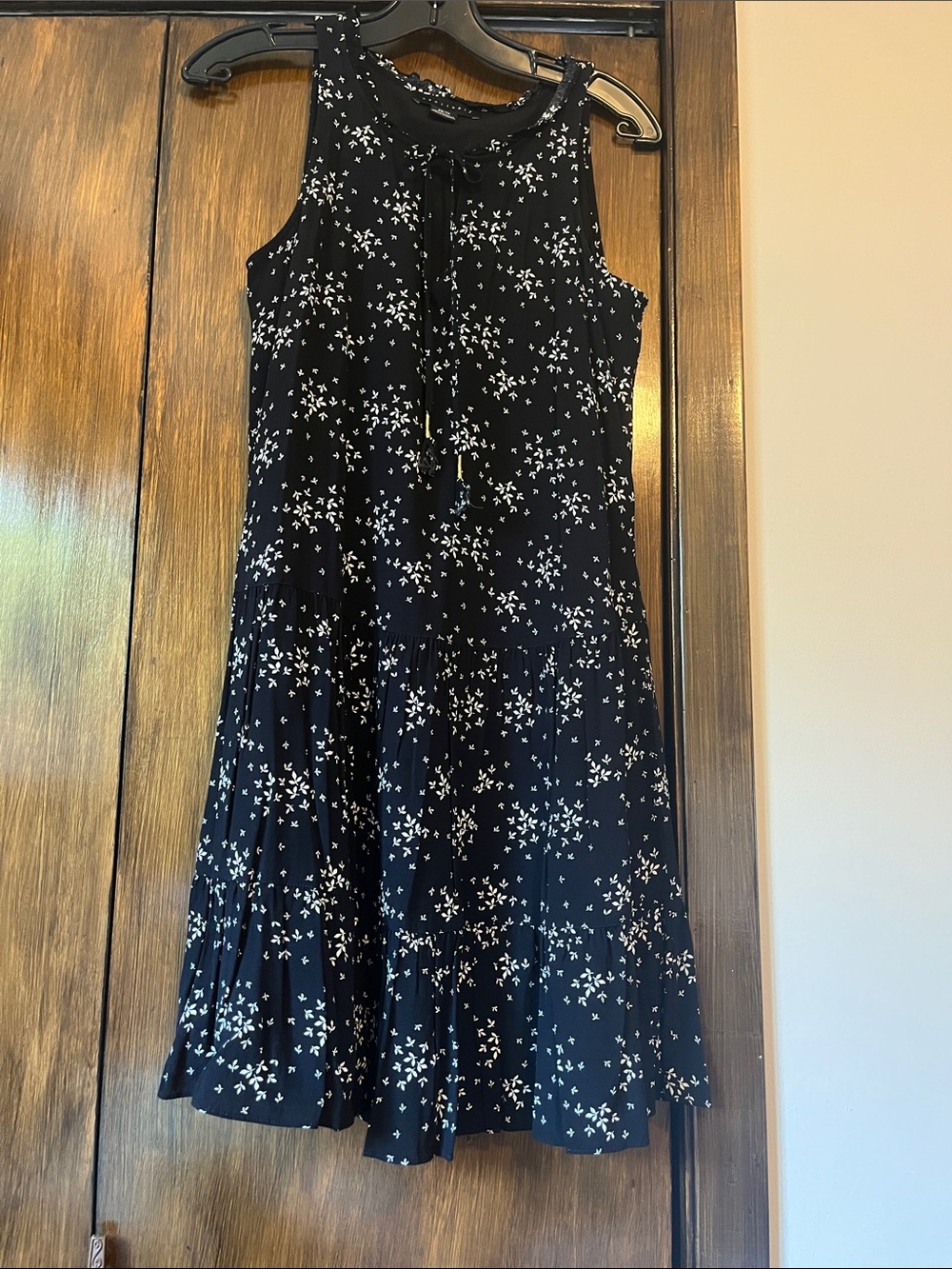 Sanctuary Black Midi Dress with White Floral Print and Tie Neck